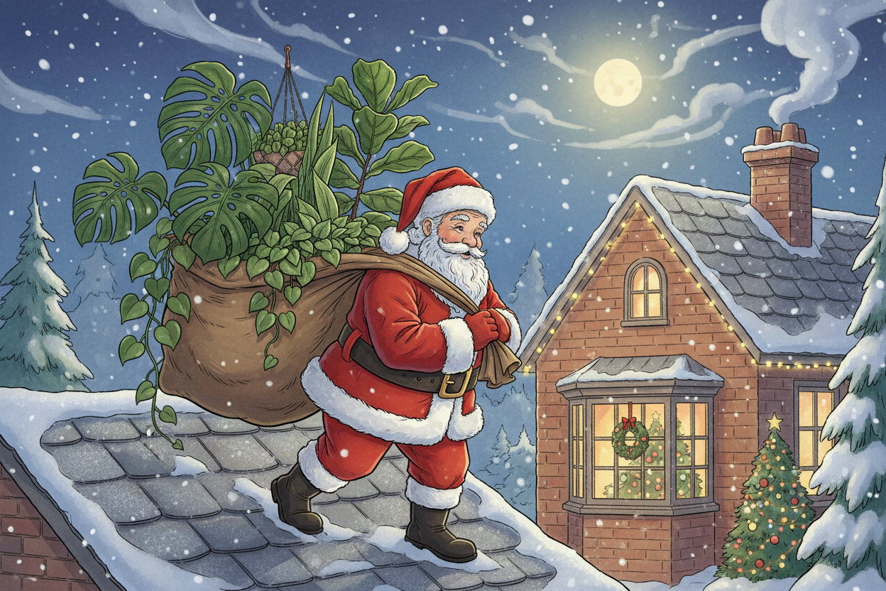 SANTA CLAUS DELIVERING A BUNCH OF HOUSEPLANTS